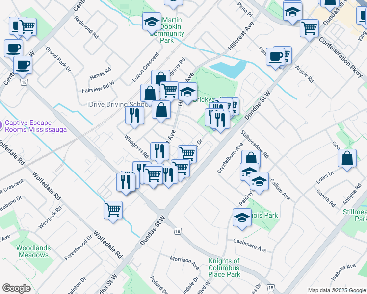 map of restaurants, bars, coffee shops, grocery stores, and more near in Mississauga