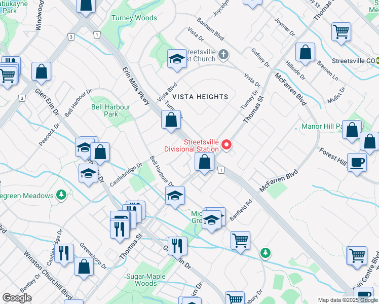 map of restaurants, bars, coffee shops, grocery stores, and more near in Mississauga