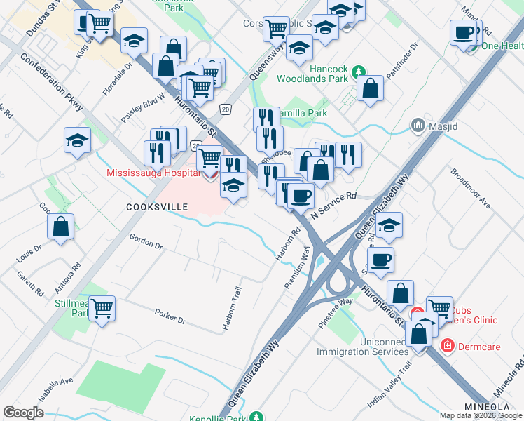 map of restaurants, bars, coffee shops, grocery stores, and more near 2137 Grange Drive in Mississauga