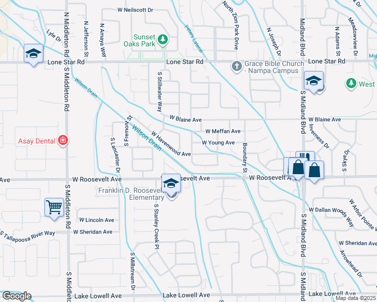map of restaurants, bars, coffee shops, grocery stores, and more near 79 South Babbling Brook Way in Nampa