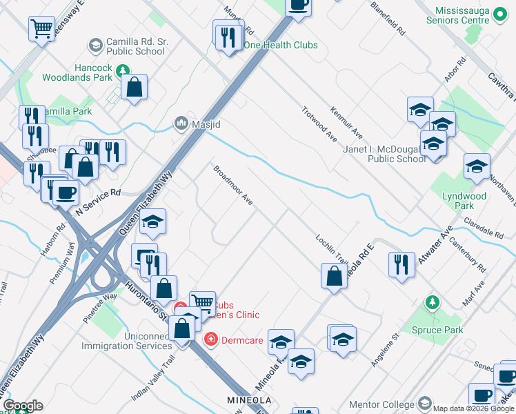 map of restaurants, bars, coffee shops, grocery stores, and more near 1511 Broadmoor Avenue in Mississauga