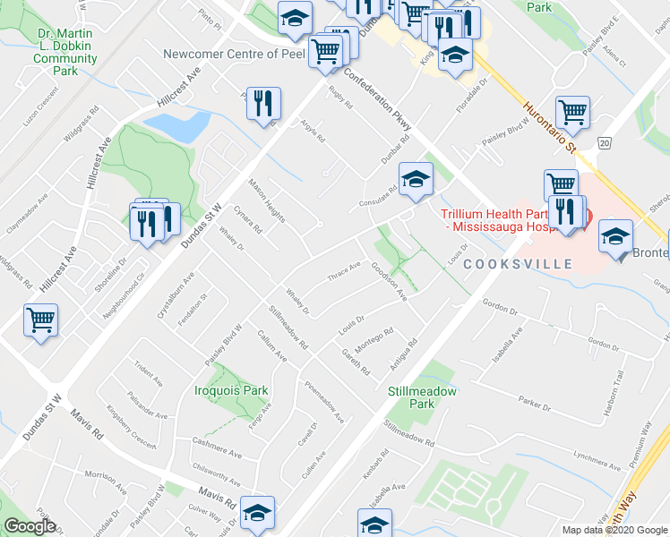 map of restaurants, bars, coffee shops, grocery stores, and more near 319 Thrace Avenue in Mississauga