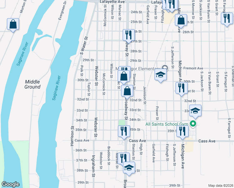 map of restaurants, bars, coffee shops, grocery stores, and more near 1308 Marsac Street in Bay City