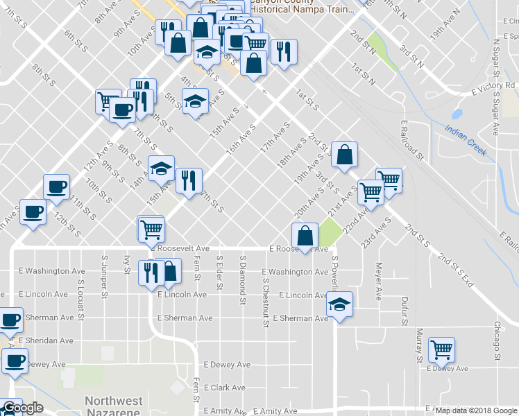 map of restaurants, bars, coffee shops, grocery stores, and more near 1816 6th Street South in Nampa