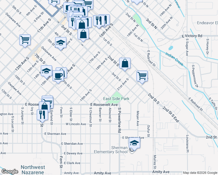 map of restaurants, bars, coffee shops, grocery stores, and more near 408 20th Avenue South in Nampa