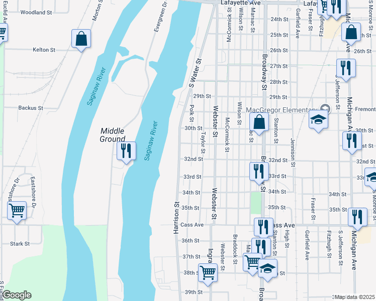 map of restaurants, bars, coffee shops, grocery stores, and more near 503 Polk Street in Bay City