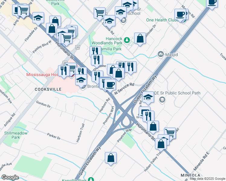 map of restaurants, bars, coffee shops, grocery stores, and more near 2087 Hurontario Street in Mississauga