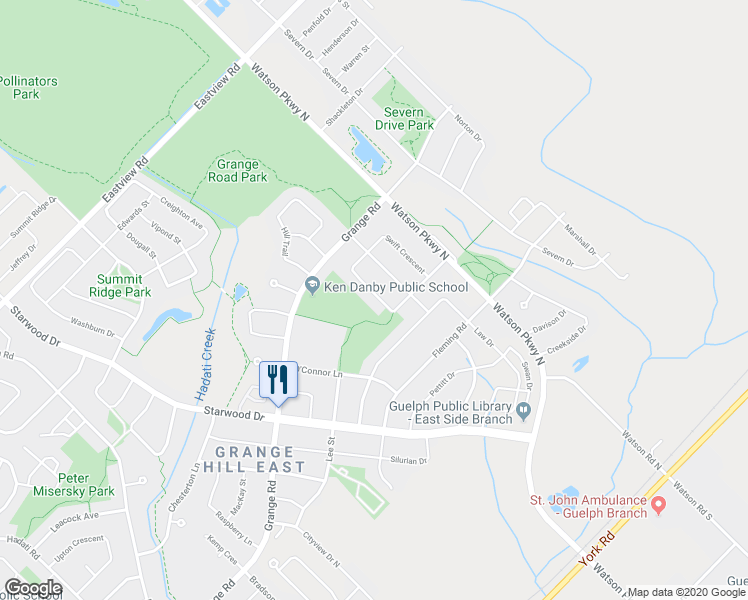 map of restaurants, bars, coffee shops, grocery stores, and more near 44 Swift Crescent in Guelph