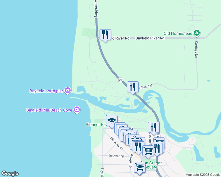 map of restaurants, bars, coffee shops, grocery stores, and more near 18 Jowetts Grove Road in Huron County