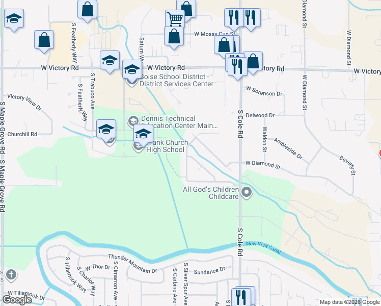 map of restaurants, bars, coffee shops, grocery stores, and more near 3532 South Creekwood Way in Boise