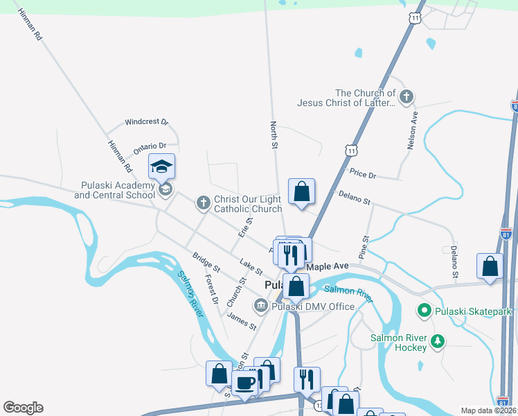 map of restaurants, bars, coffee shops, grocery stores, and more near 32 Erie Street in Pulaski