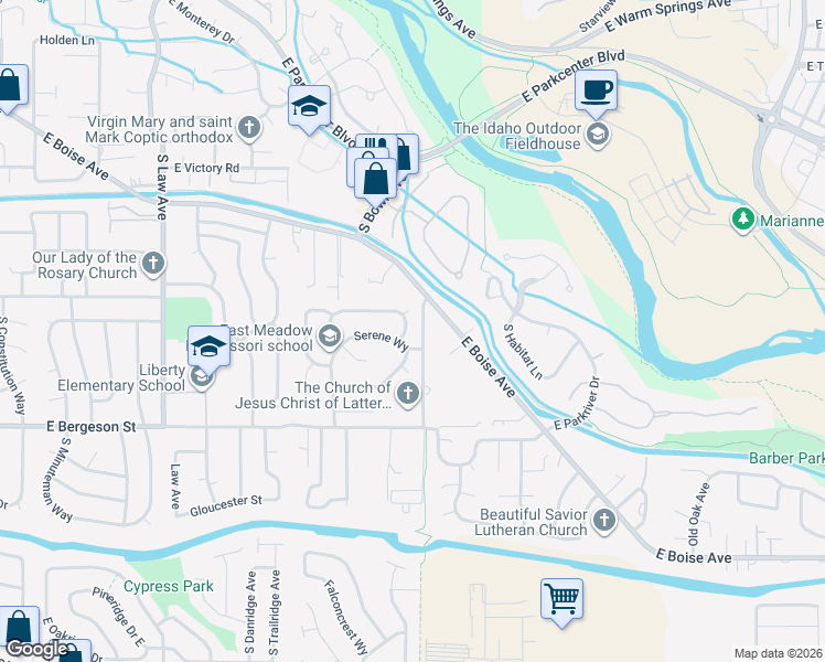 map of restaurants, bars, coffee shops, grocery stores, and more near 3534 South Vintage Way in Boise