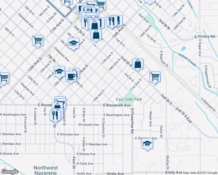 map of restaurants, bars, coffee shops, grocery stores, and more near 1905 5th Street South in Nampa