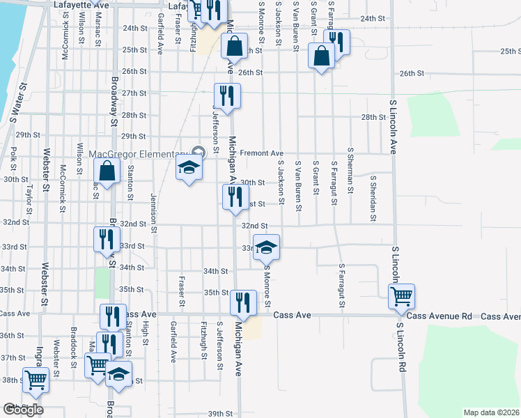 map of restaurants, bars, coffee shops, grocery stores, and more near 1604 31st Street in Bay City