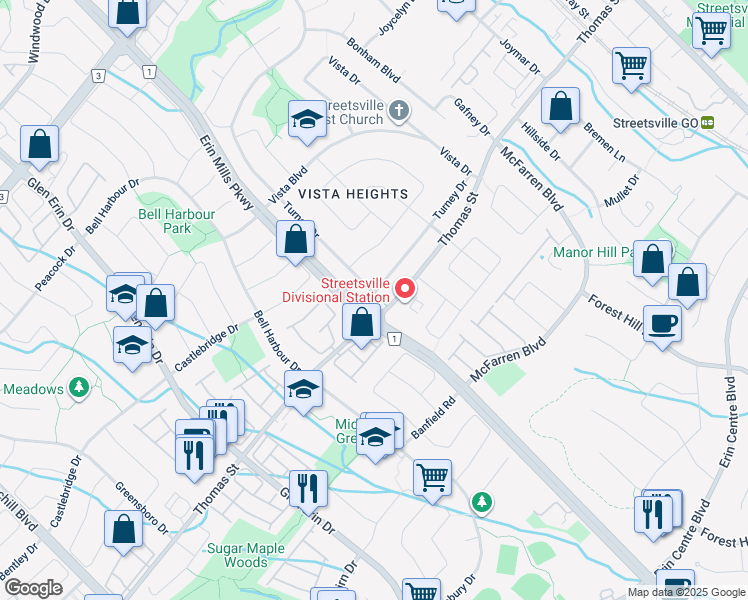 map of restaurants, bars, coffee shops, grocery stores, and more near in Mississauga