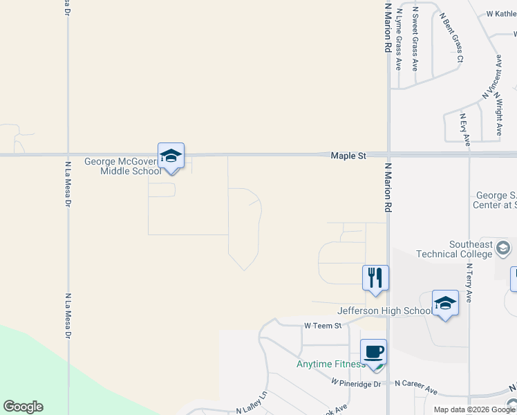map of restaurants, bars, coffee shops, grocery stores, and more near 5401-6999 Maple Street in Sioux Falls