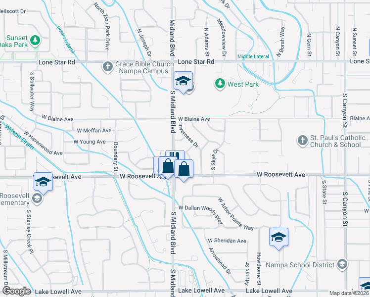 map of restaurants, bars, coffee shops, grocery stores, and more near 932 Scotts Avenue in Nampa