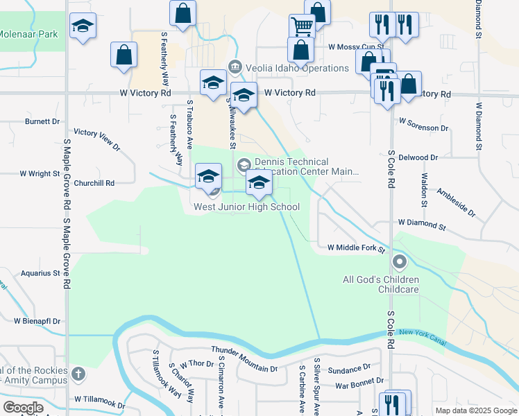 map of restaurants, bars, coffee shops, grocery stores, and more near 8051 West Salt Creek Court in Boise