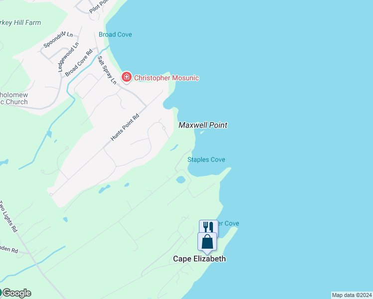 map of restaurants, bars, coffee shops, grocery stores, and more near 13 Rocky Point Lane in Cape Elizabeth