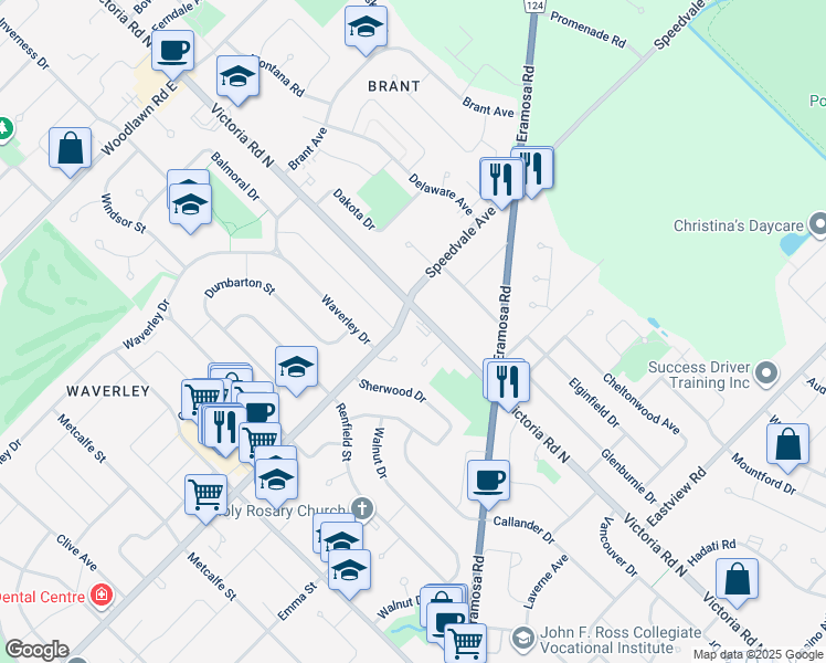 map of restaurants, bars, coffee shops, grocery stores, and more near 475 Speedvale Avenue East in Guelph