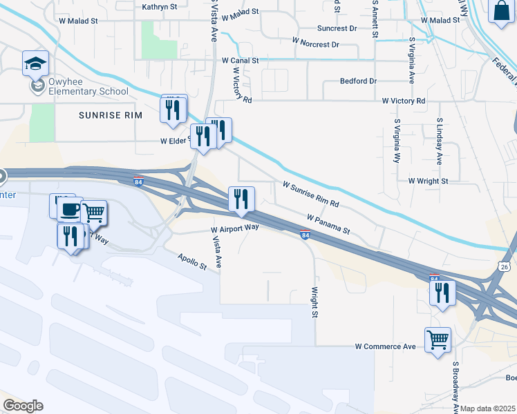 map of restaurants, bars, coffee shops, grocery stores, and more near 2357 Panama Street in Boise