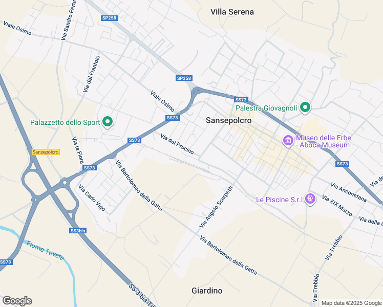 map of restaurants, bars, coffee shops, grocery stores, and more near 2/E Via del Prucino in Sansepolcro