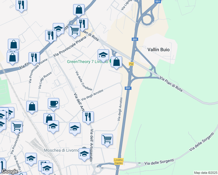 map of restaurants, bars, coffee shops, grocery stores, and more near 70 Via degli Arrotini in Livorno