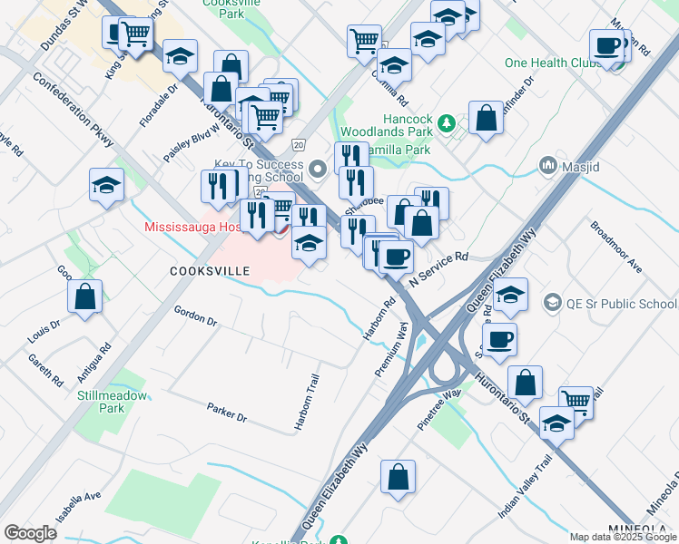 map of restaurants, bars, coffee shops, grocery stores, and more near 2143 Grange Drive in Mississauga