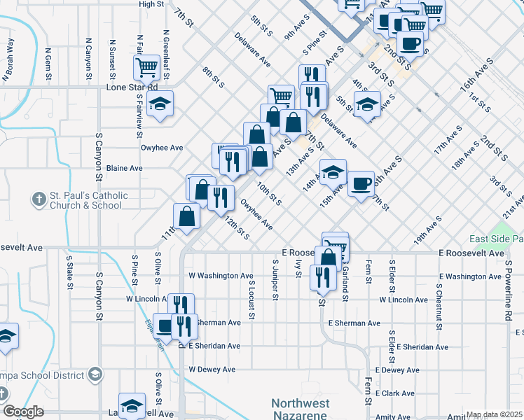 map of restaurants, bars, coffee shops, grocery stores, and more near 1020 13th Avenue South in Nampa