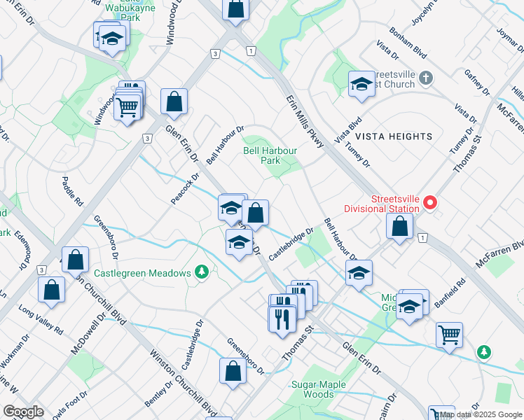 map of restaurants, bars, coffee shops, grocery stores, and more near 5847 Tayside Crescent in Mississauga