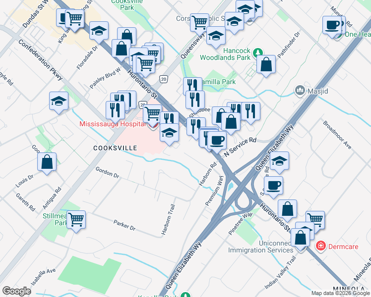 map of restaurants, bars, coffee shops, grocery stores, and more near 2143 Grange Drive in Mississauga