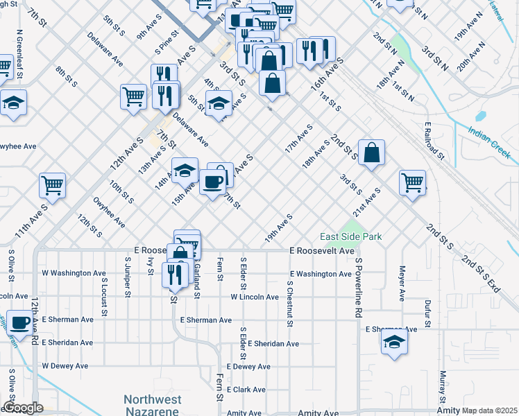 map of restaurants, bars, coffee shops, grocery stores, and more near 611 18th Avenue South in Nampa