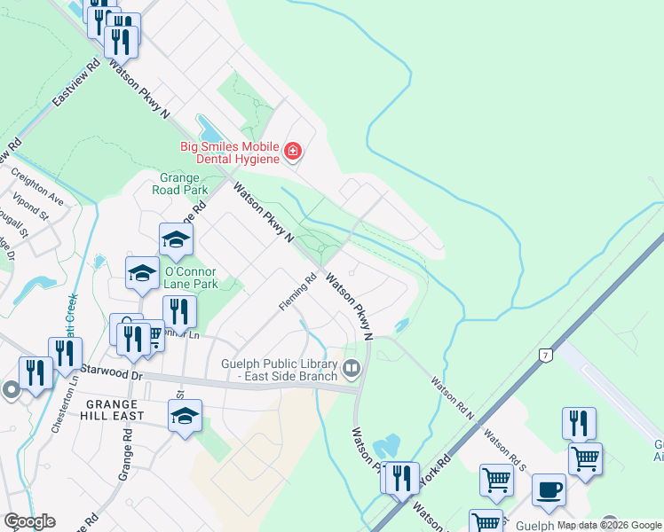 map of restaurants, bars, coffee shops, grocery stores, and more near 147 Fleming Road in Guelph