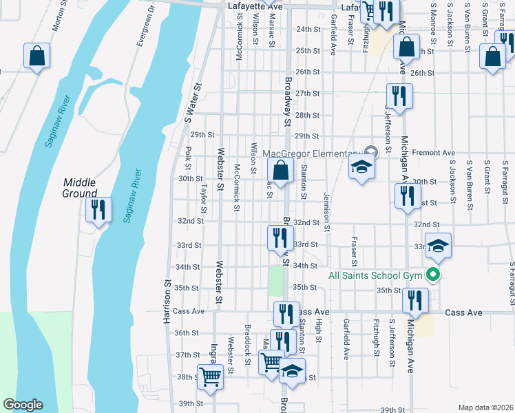 map of restaurants, bars, coffee shops, grocery stores, and more near 1308 Marsac Street in Bay City