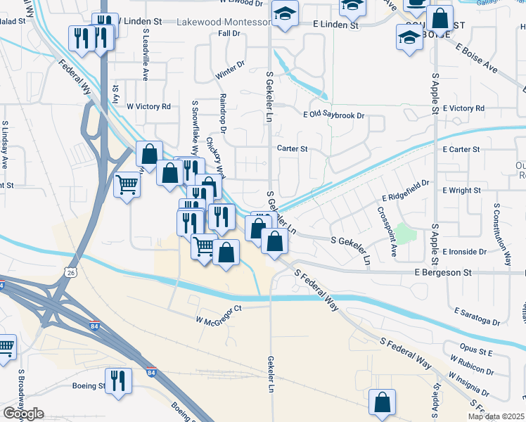 map of restaurants, bars, coffee shops, grocery stores, and more near 3487 South Raindrop Court in Boise