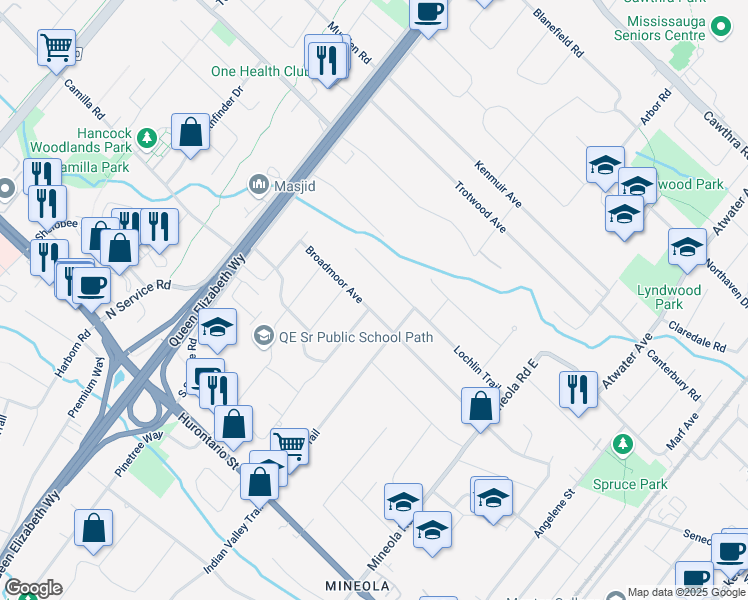 map of restaurants, bars, coffee shops, grocery stores, and more near 1511 Broadmoor Avenue in Mississauga