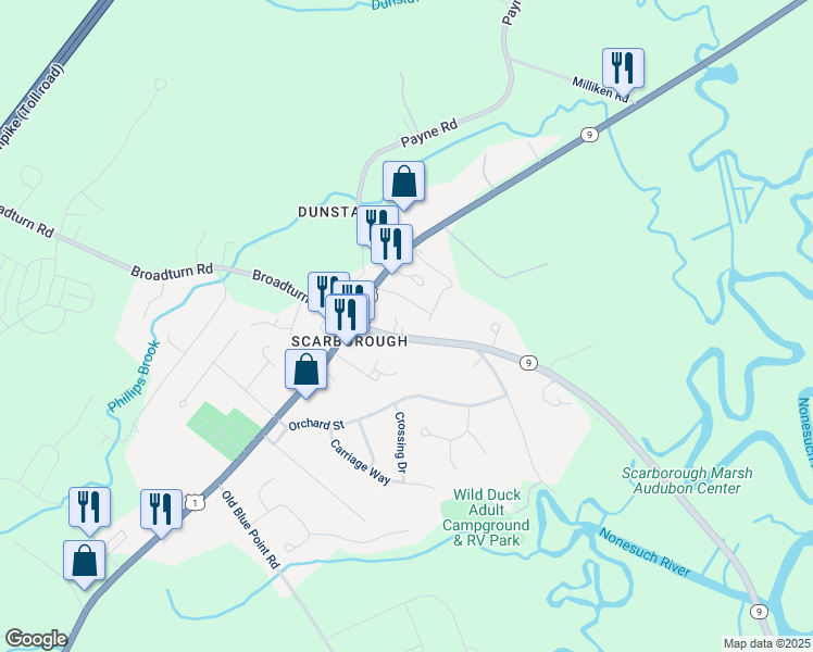 map of restaurants, bars, coffee shops, grocery stores, and more near 12 State Route 9 in Scarborough