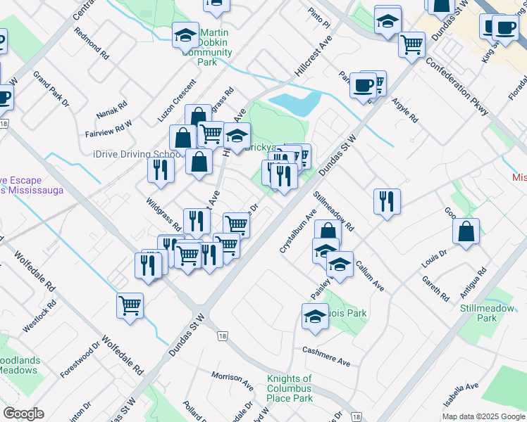 map of restaurants, bars, coffee shops, grocery stores, and more near in Mississauga