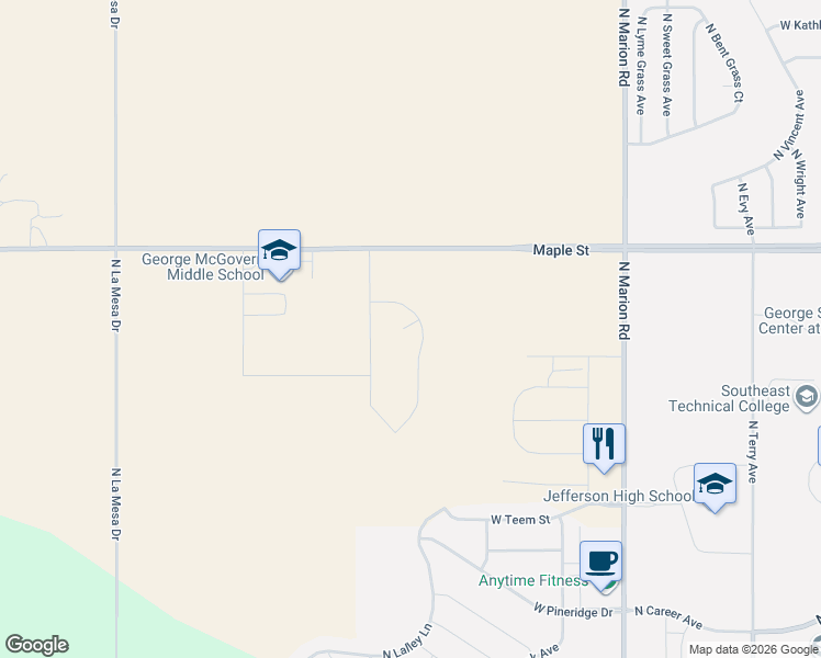 map of restaurants, bars, coffee shops, grocery stores, and more near 5401-6999 Maple Street in Sioux Falls