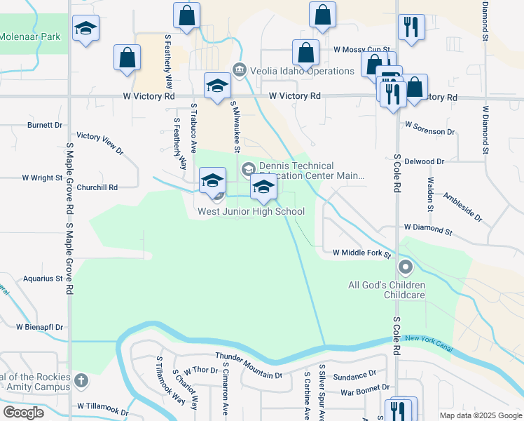 map of restaurants, bars, coffee shops, grocery stores, and more near 8051 West Salt Creek Court in Boise