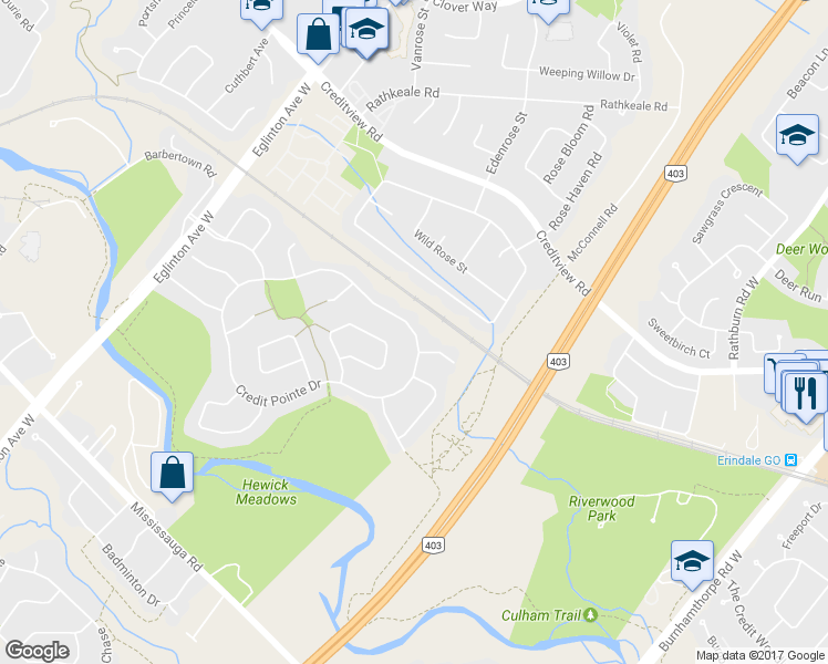 map of restaurants, bars, coffee shops, grocery stores, and more near 4297 Credit Pointe Dr in Mississauga