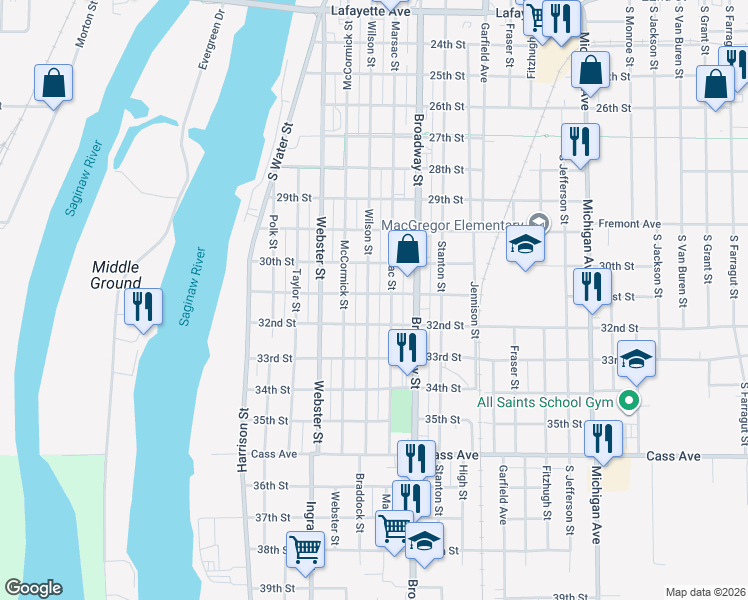 map of restaurants, bars, coffee shops, grocery stores, and more near 1308 Marsac Street in Bay City