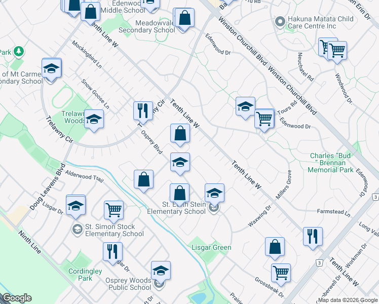 map of restaurants, bars, coffee shops, grocery stores, and more near 6385 Warbler Lane in Mississauga