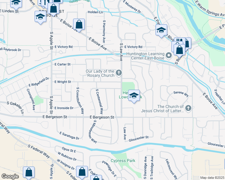 map of restaurants, bars, coffee shops, grocery stores, and more near 1485 East Independence Street in Boise