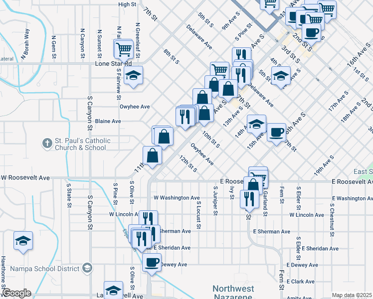 map of restaurants, bars, coffee shops, grocery stores, and more near 1112 12th Avenue Road in Nampa