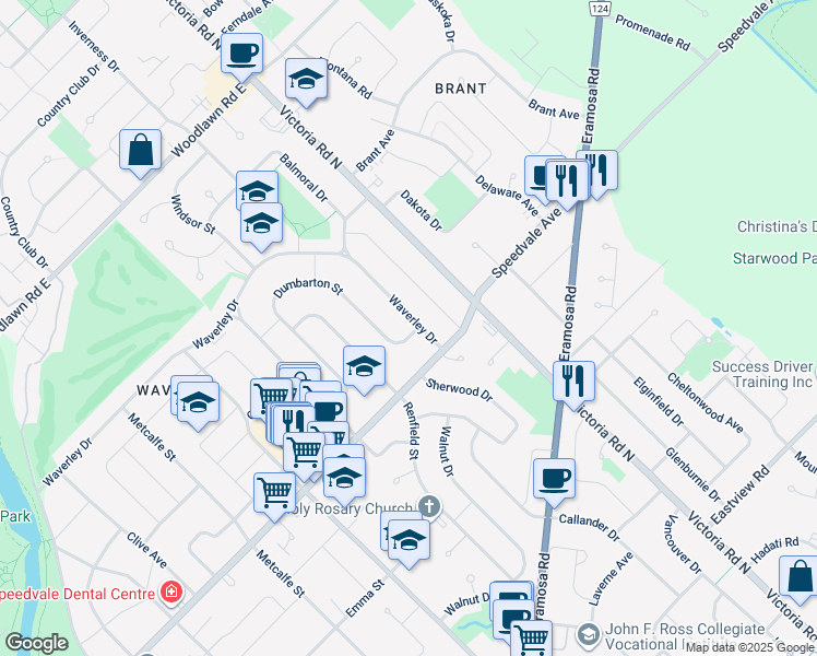 map of restaurants, bars, coffee shops, grocery stores, and more near 220 Waverley Drive in Guelph