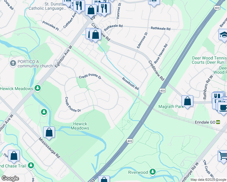 map of restaurants, bars, coffee shops, grocery stores, and more near 4297 Credit Pointe Drive in Mississauga