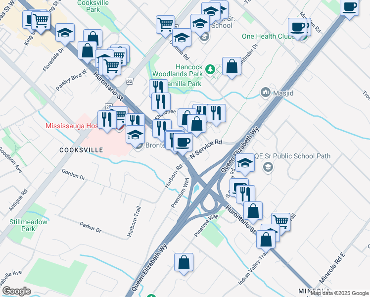 map of restaurants, bars, coffee shops, grocery stores, and more near 2087 Hurontario Street in Mississauga