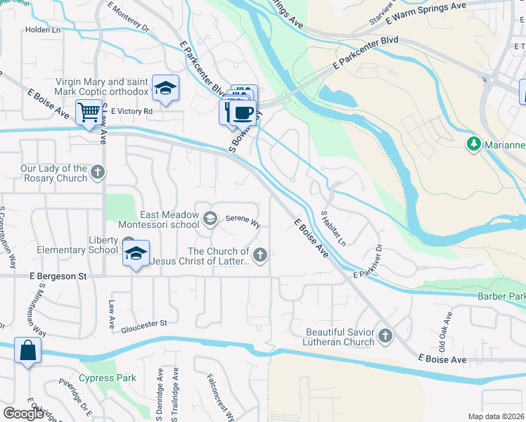 map of restaurants, bars, coffee shops, grocery stores, and more near 3534 South Vintage Way in Boise