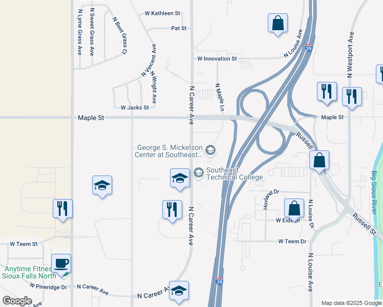 map of restaurants, bars, coffee shops, grocery stores, and more near 2221 N Career Ave in Sioux Falls